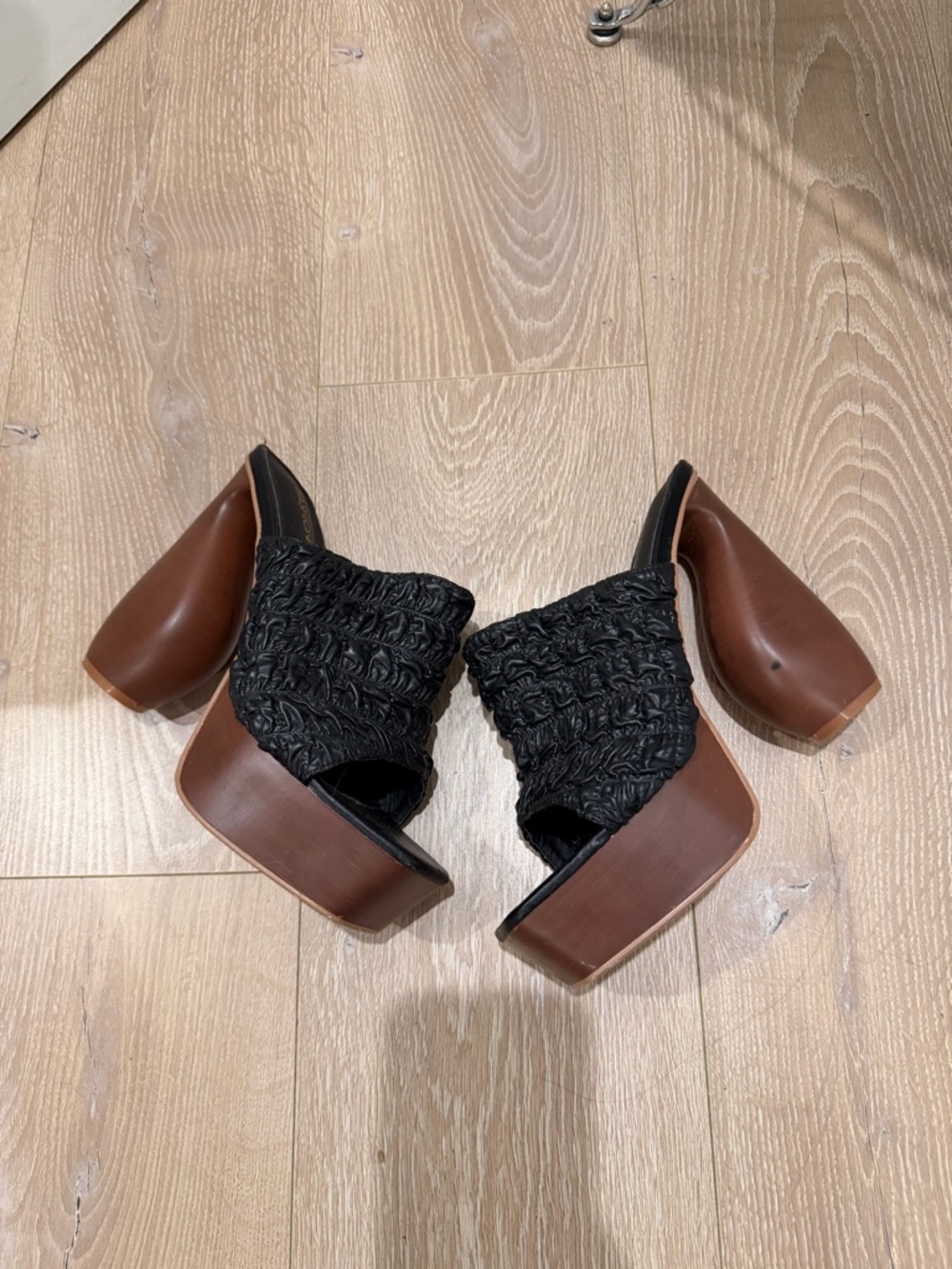 Fashion Nova Black Woven Platform Mule with Brown Wood Block Heel